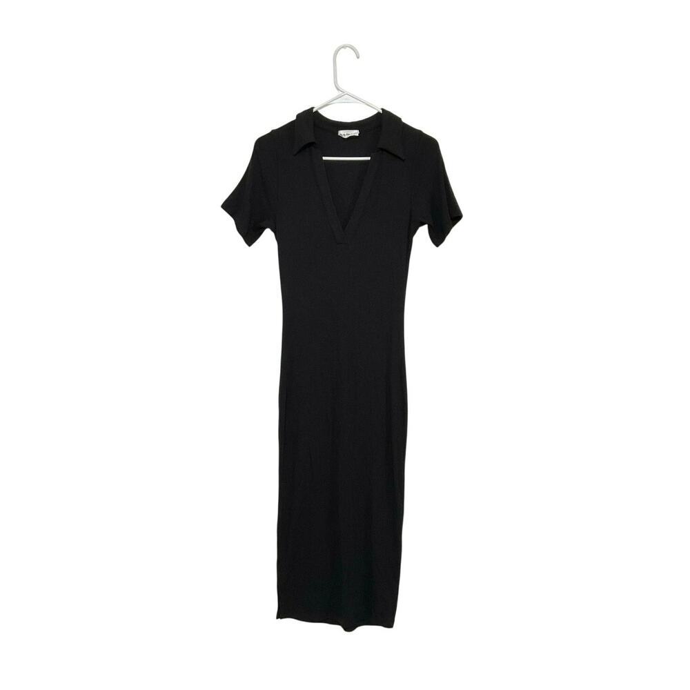 LNA Collared Ribbed Midi V-neck Dress Size Medium Stretchy Short Sleeve